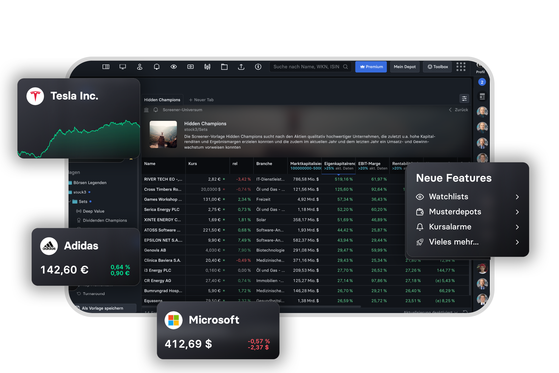 Bildschirmansicht Watchlist & Portfolio